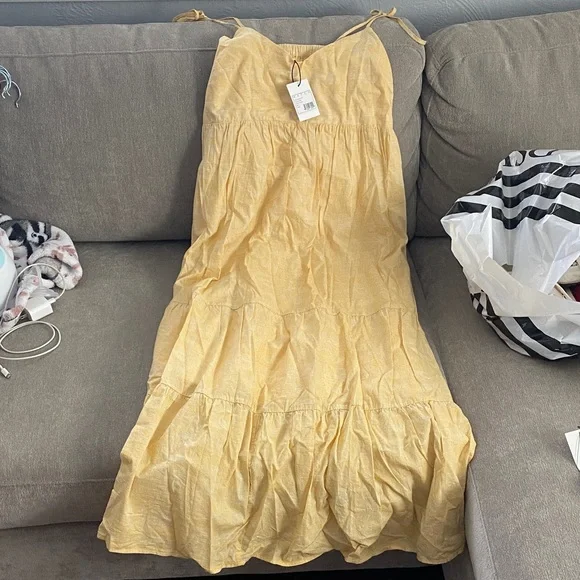 NWT Hatch Light Yellow / White Patterned Maxi Dress with spaghetti ties - Picture 2 of 6